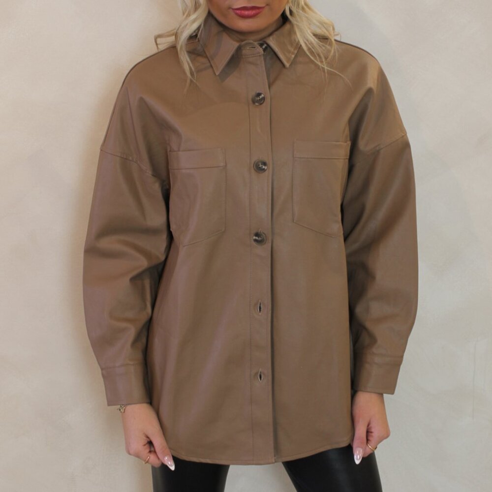 Brown Leather Button Down Shacket NWT - image 1